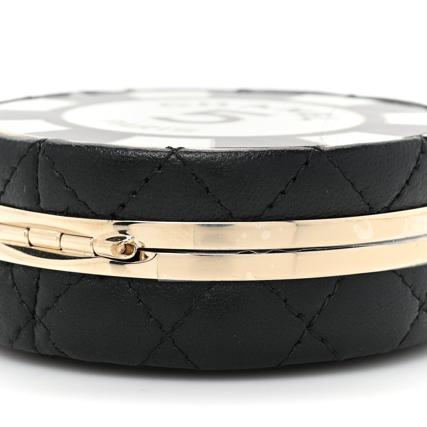 Lambskin Enamel Quilted Round Poker Chip Clutch With Chain Black White
