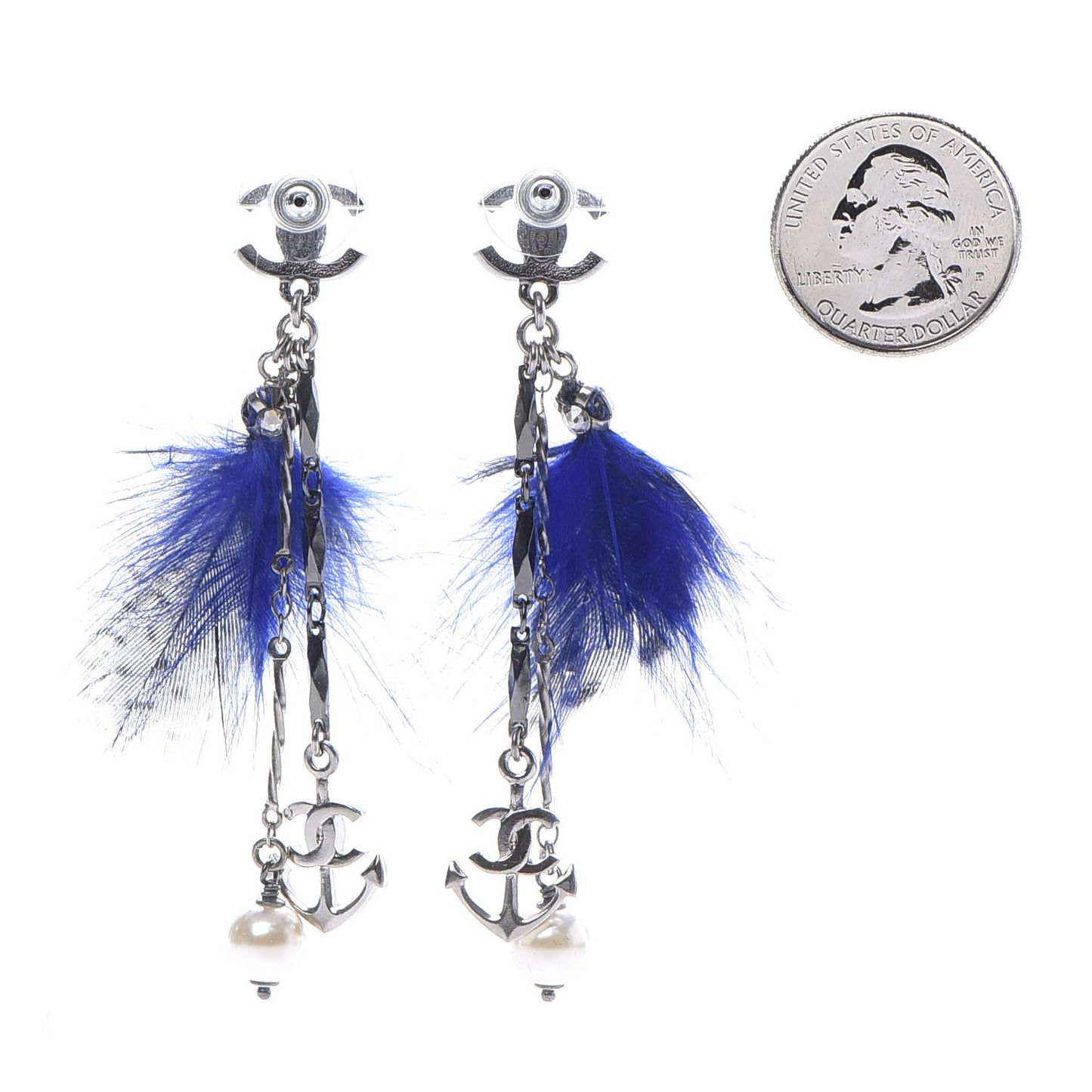 Crystal Chain Feather CC Drop Earrings Blue Brown