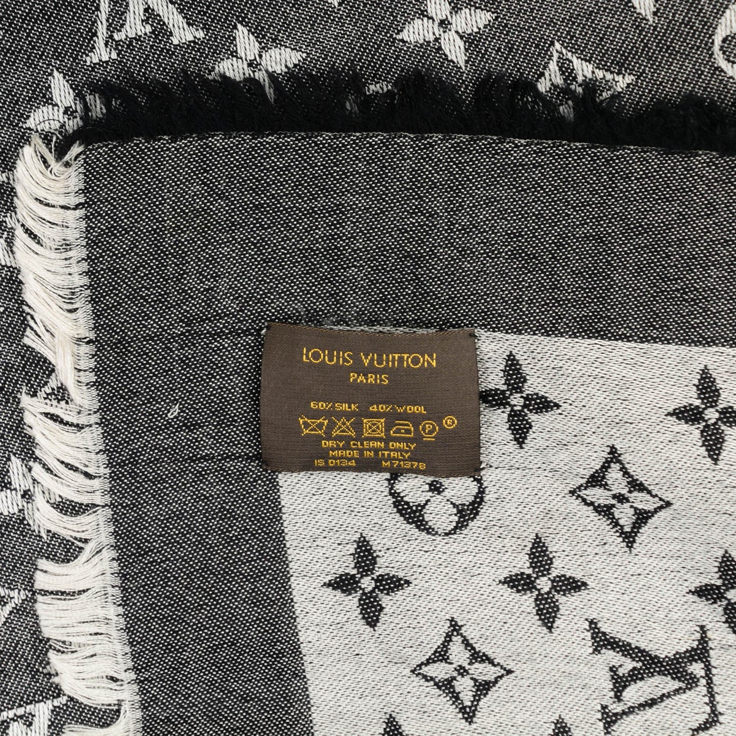Wool Silk Monogram Denim Shawl Black