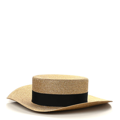 Gucci Glittered Straw Grosgrain Wide Brim Hat XL Gold Black 4 of 8