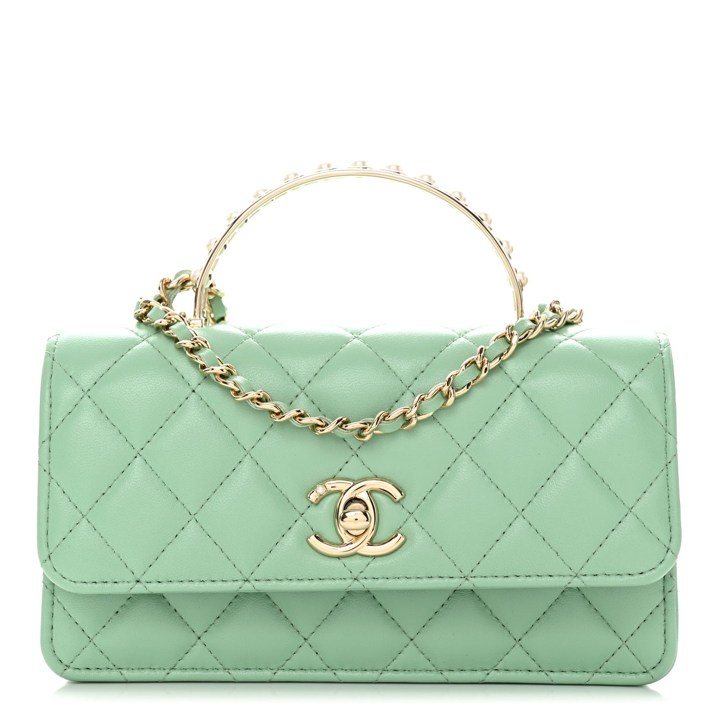 Lambskin Quilted Pearl Top Handle Clutch With Chain Light Green