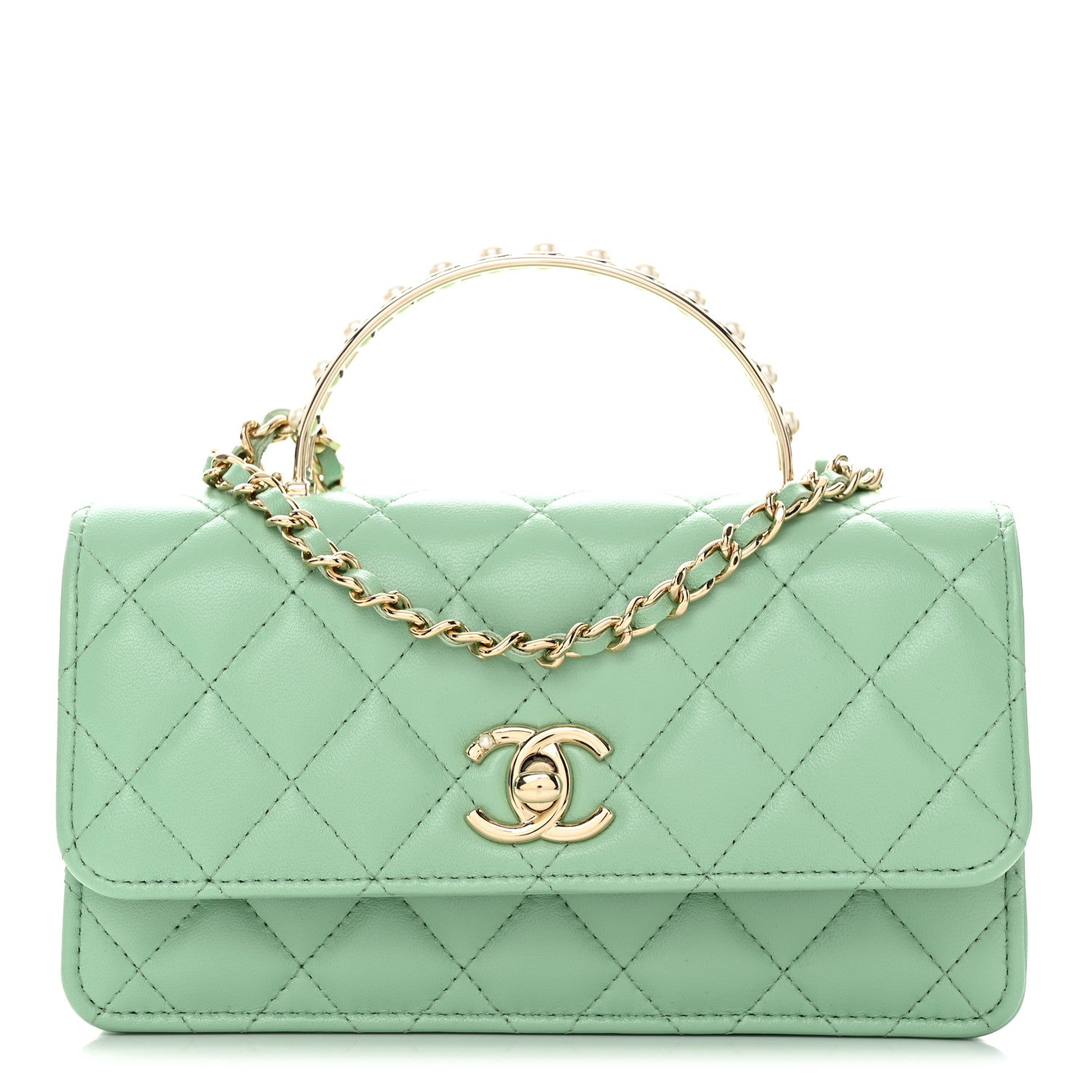 Chanel Lambskin Quilted Pearl Top Handle Clutch With Chain Light Green 1 of 12