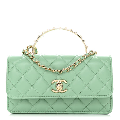 Chanel Lambskin Quilted Pearl Top Handle Clutch With Chain Light Green 1 of 12