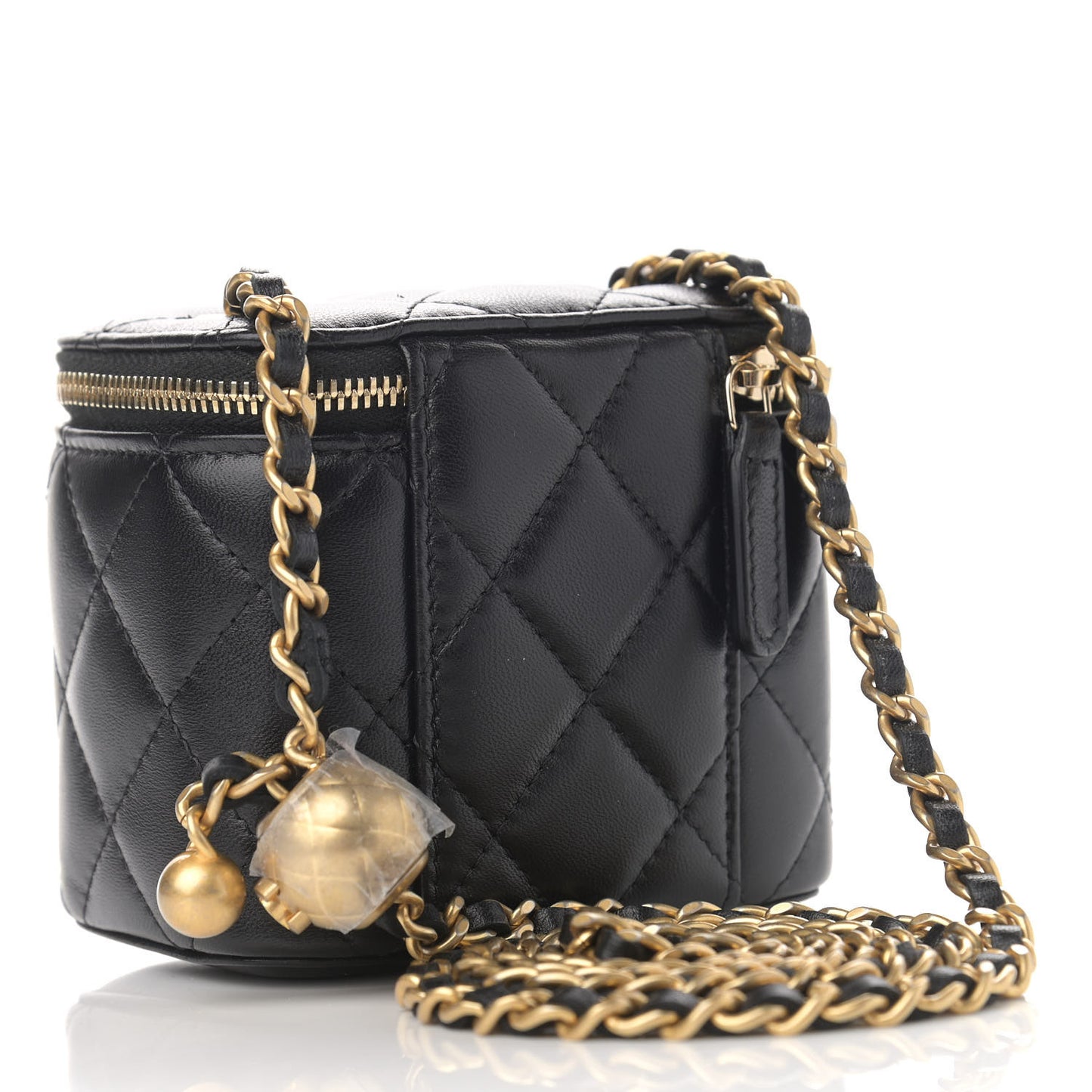 Lambskin Quilted Mini Pearl Crush Vanity Case With Chain Black