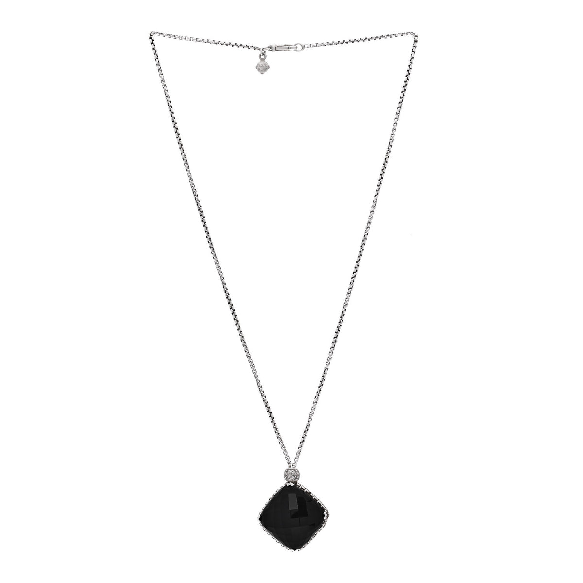Sterling Silver Diamond Black Onyx 20mm Cushion On Point Pendant Necklace