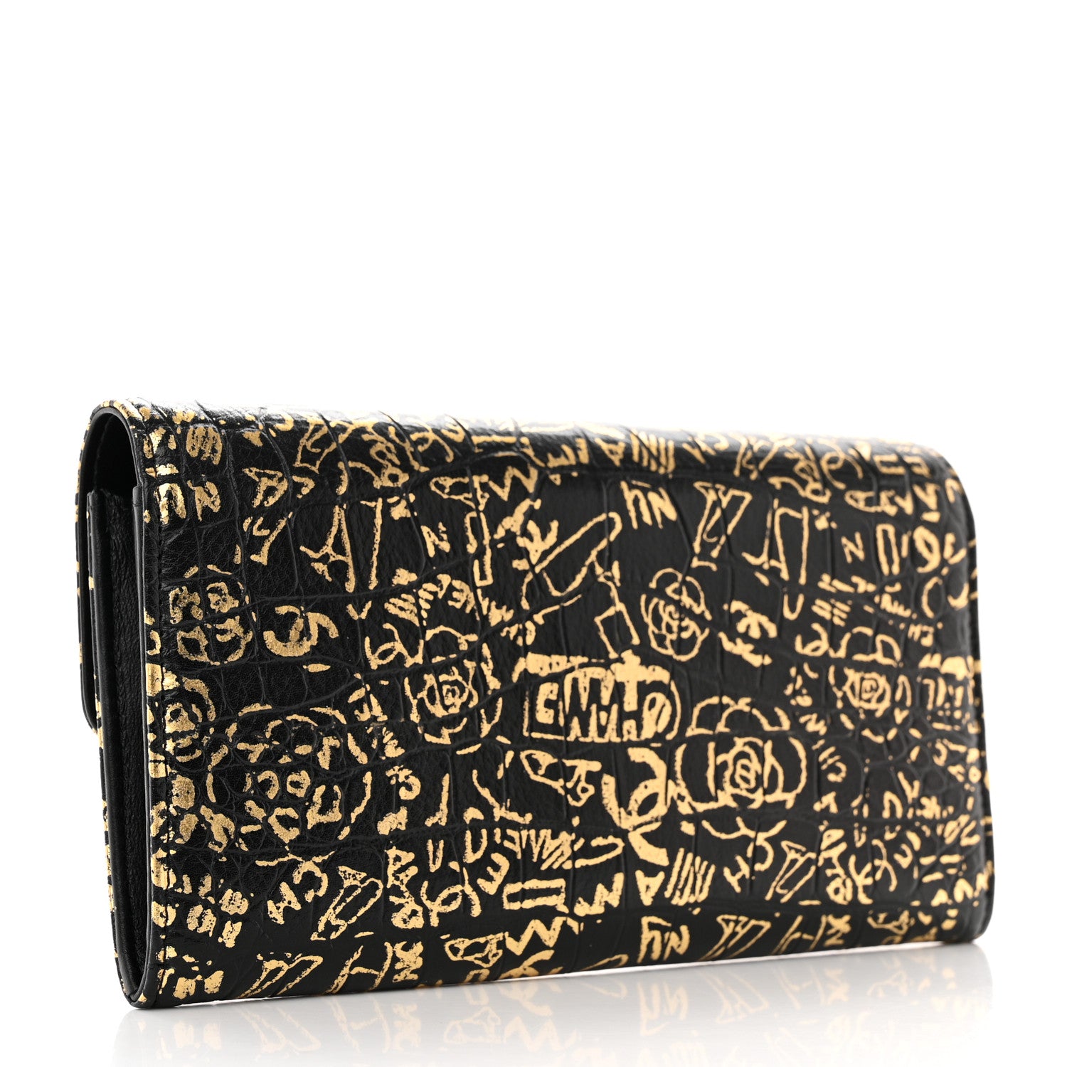Chanel Calfskin Crocodile Embossed Graffiti 2.55 Cocodile Reissue Long Flap Black Gold 3 of 10