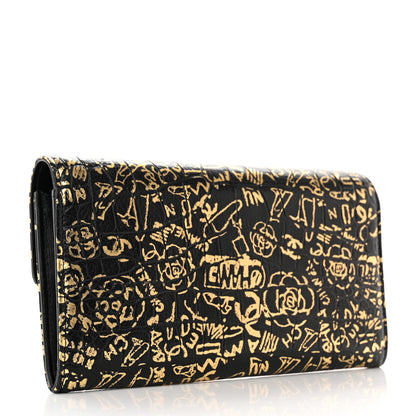 Chanel Calfskin Crocodile Embossed Graffiti 2.55 Cocodile Reissue Long Flap Black Gold 3 of 10