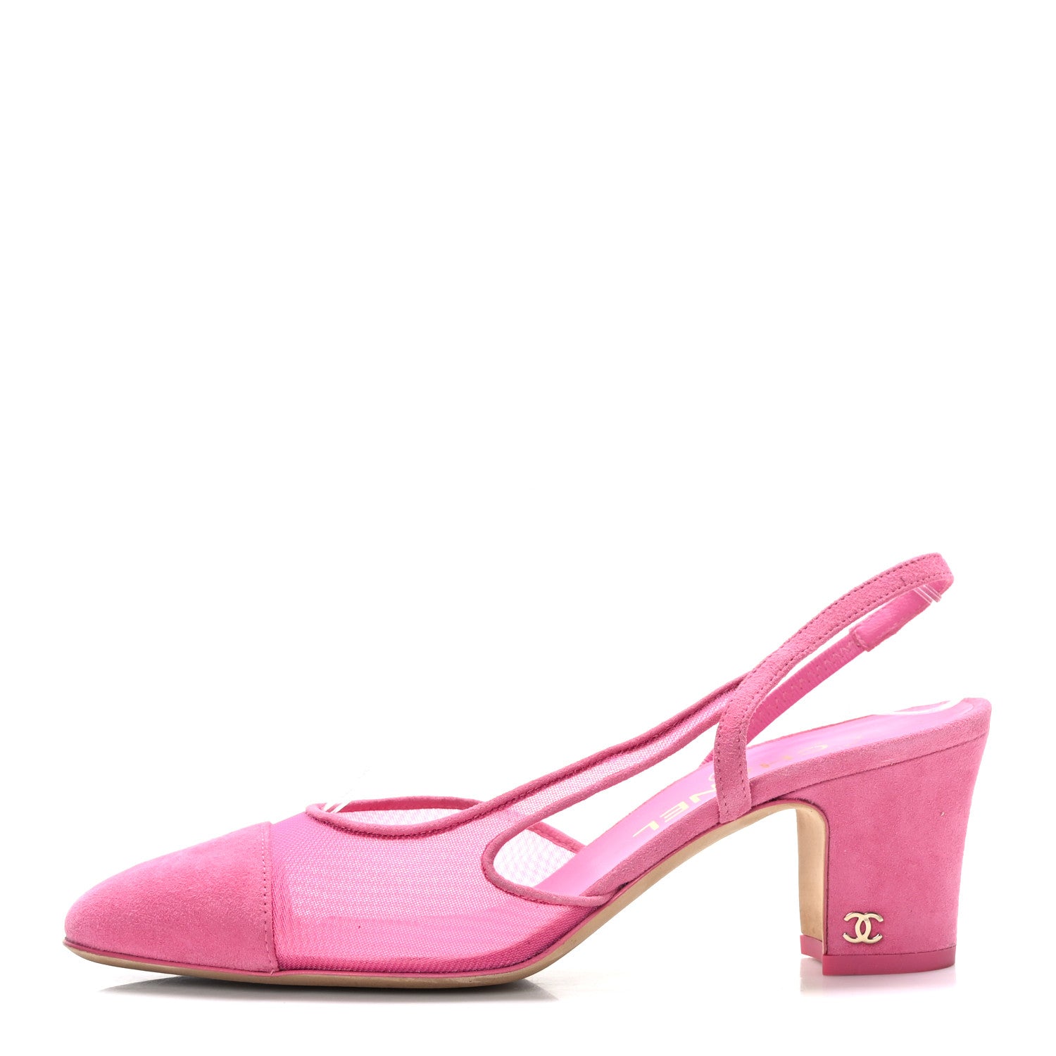 Chanel Mesh Suede Kidskin Cap Toe CC Slingback Pump 37 Pink 1 of 9