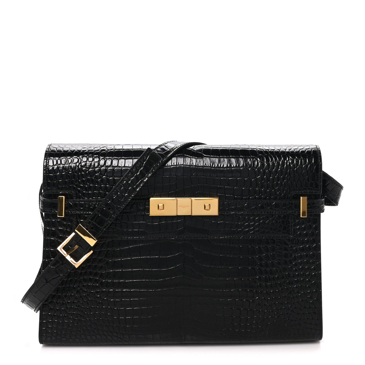 Shiny Calfskin Crocodile Embossed Manhattan Baguette Black