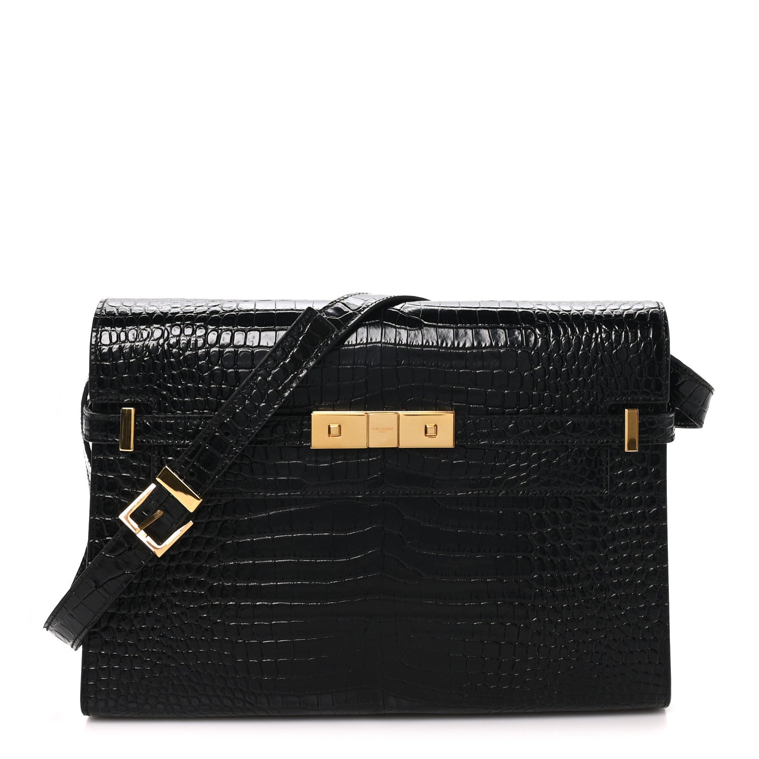 Saint Laurent Shiny Calfskin Crocodile Embossed Manhattan Baguette Black 1 of 9