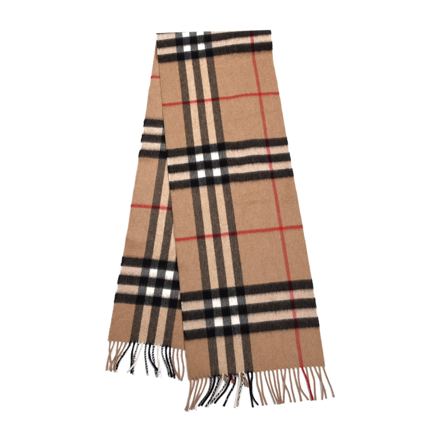 Cashmere Giant Check Fringe Scarf Camel