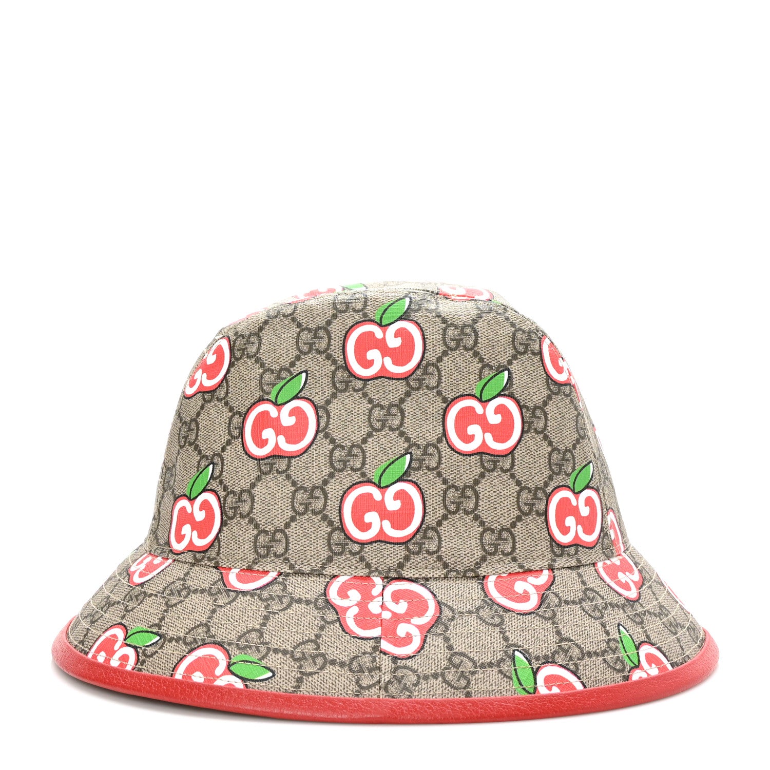 Gucci GG Supreme Monogram Apple Textured Dollar Calfskin Retro Interlocking G Fedora Pomme Bucket Hat XS Beige Ebony Red 5 of 8