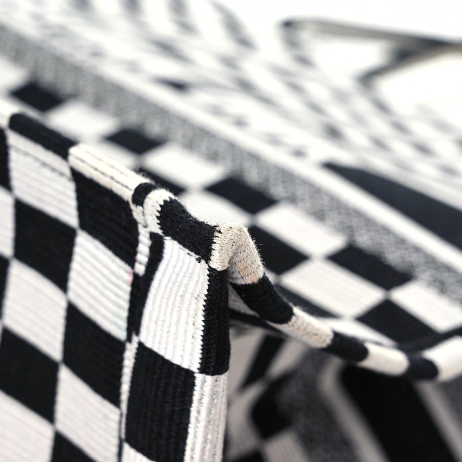 Christian Dior Canvas Embroidered Checkered Book Tote Black White 11 of 15