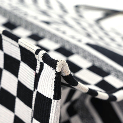 Christian Dior Canvas Embroidered Checkered Book Tote Black White 11 of 15