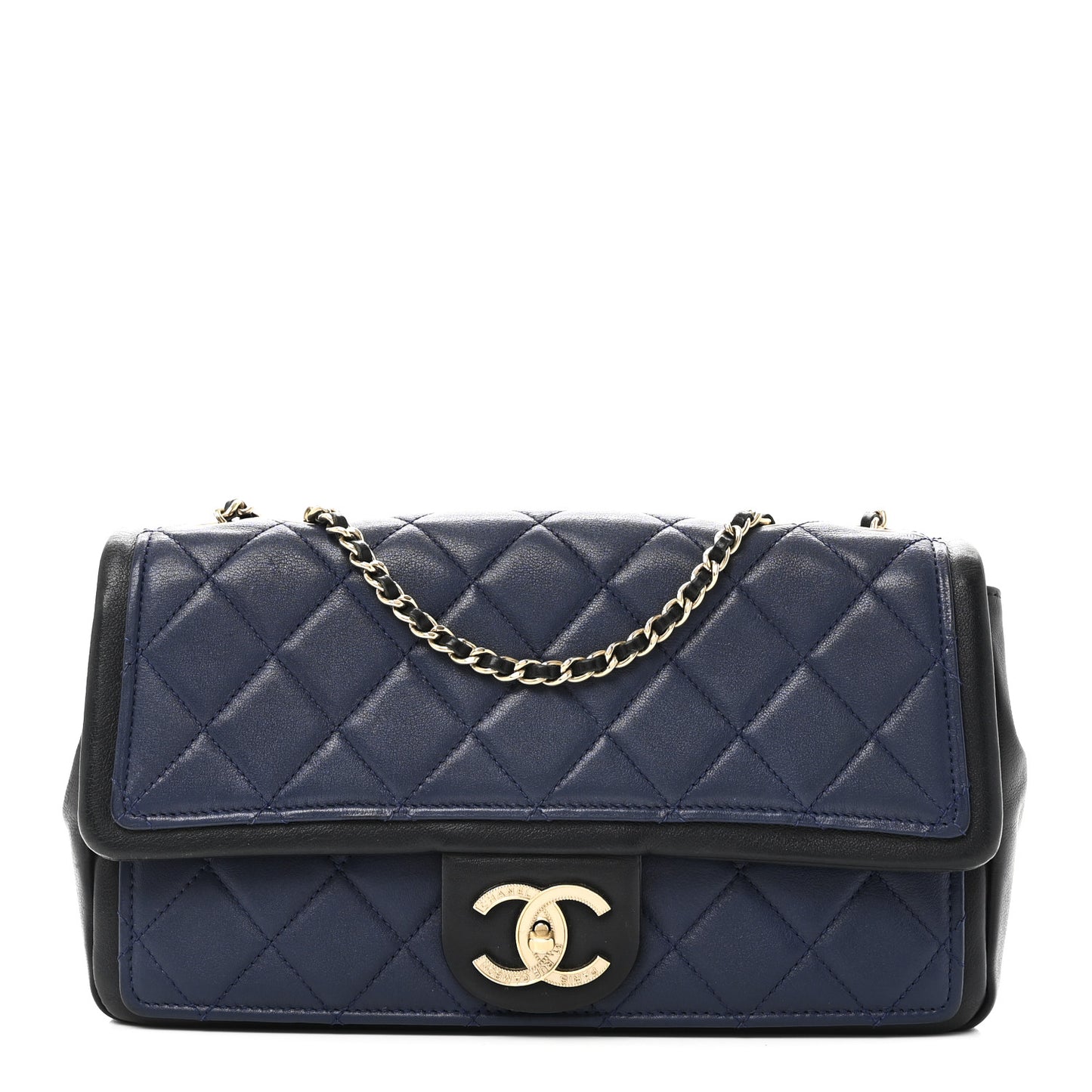 Lambskin Quilted Medium Graphic Flap Navy Black