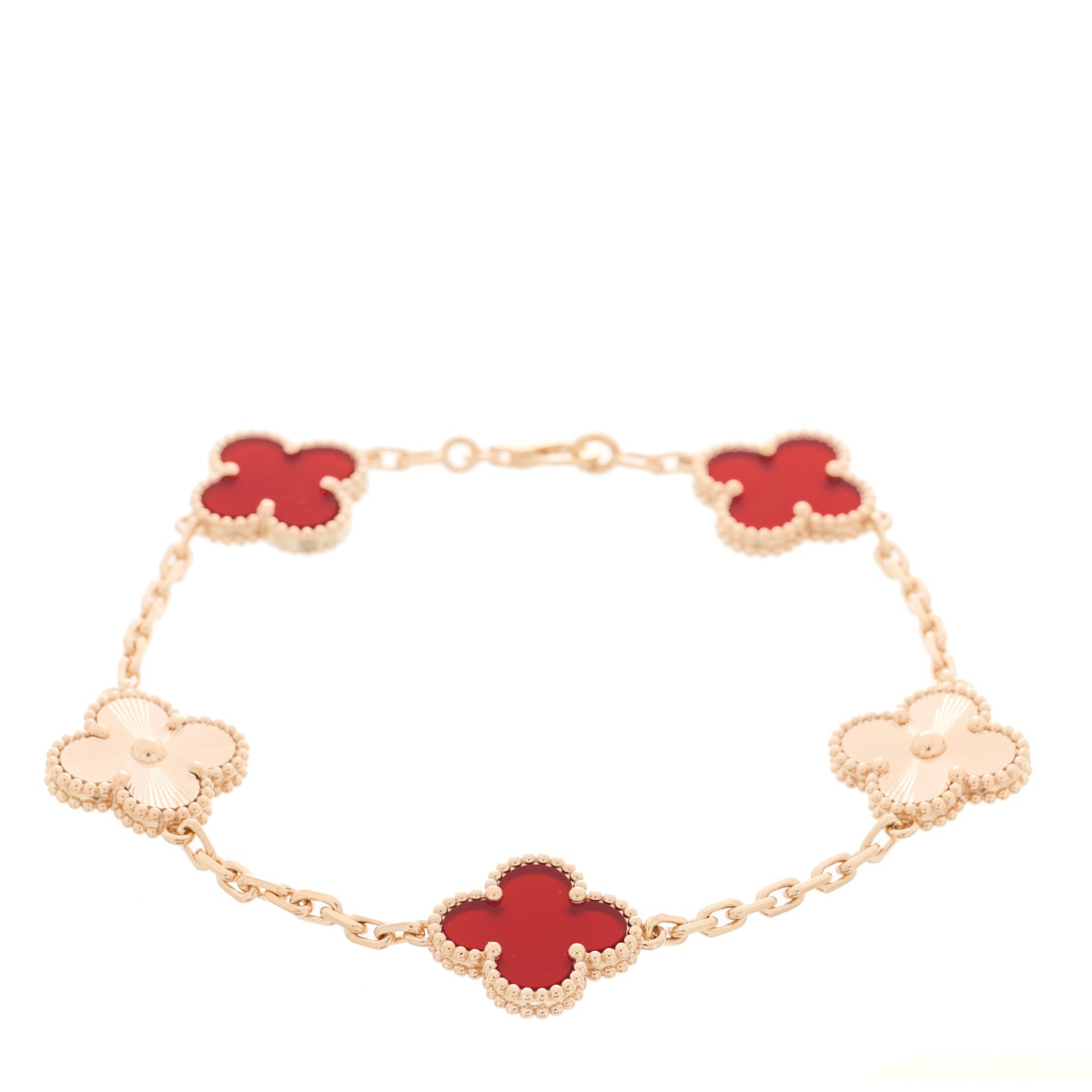 Van Cleef & Arpels 18K Rose Gold Carnelian 5 Motifs Guilloche Vintage Alhambra Bracelet 1 of 4