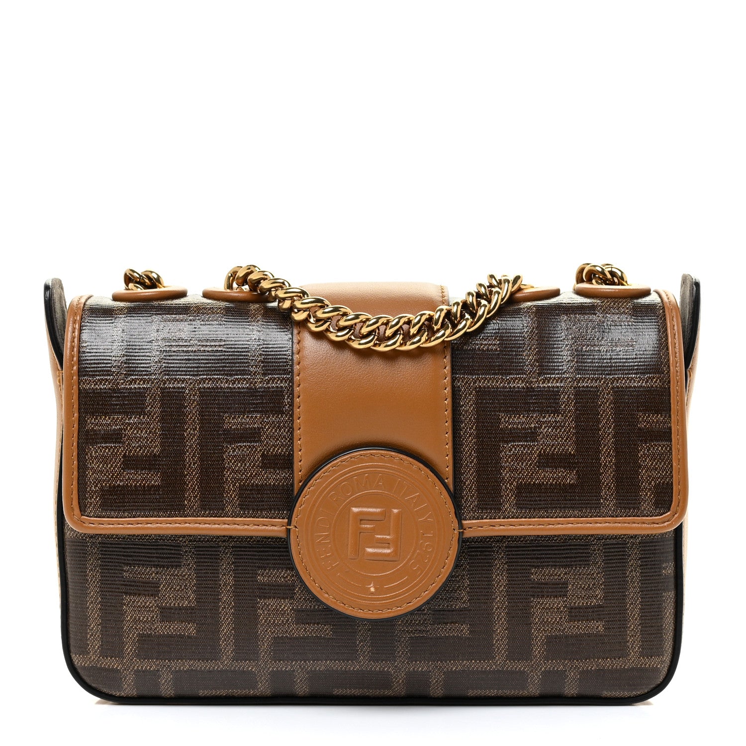 Fendi Glazed Fabric Vitello Century FF 1974 Stamp Patch Mini Double F Crossbody Bag Mogano Panna Caramello 1 of 12