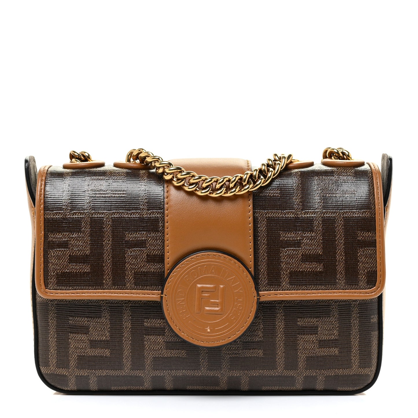 Glazed Fabric Vitello Century FF 1974 Stamp Patch Mini Double F Crossbody Bag Mogano Panna Caramello
