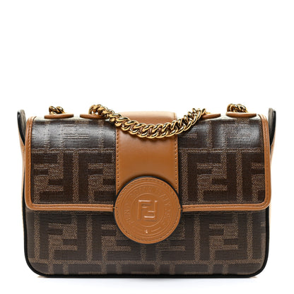 Fendi Glazed Fabric Vitello Century FF 1974 Stamp Patch Mini Double F Crossbody Bag Mogano Panna Caramello 1 of 12