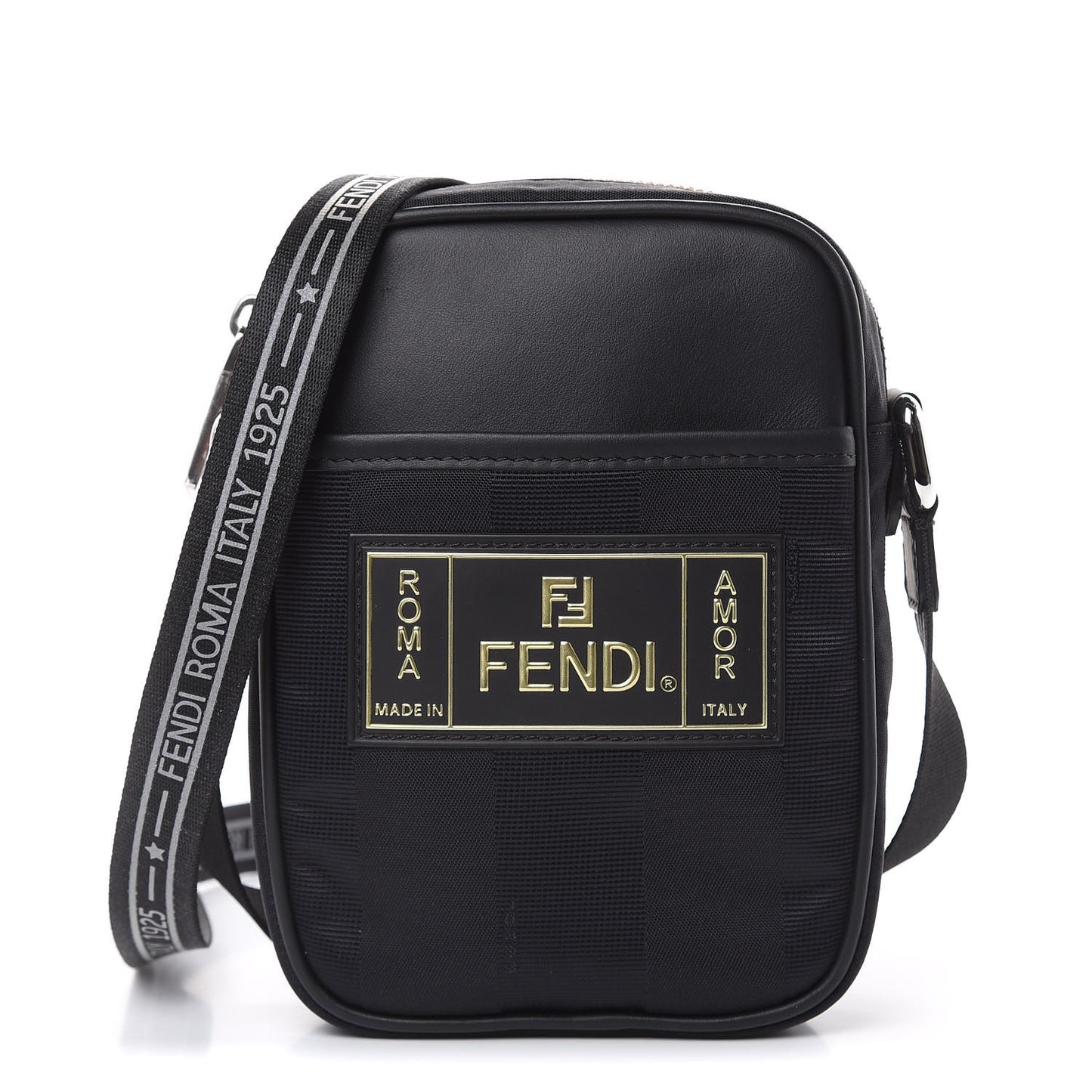Nylon Vitello Century Pequin Logo Plate Small Crossbody Messenger Black