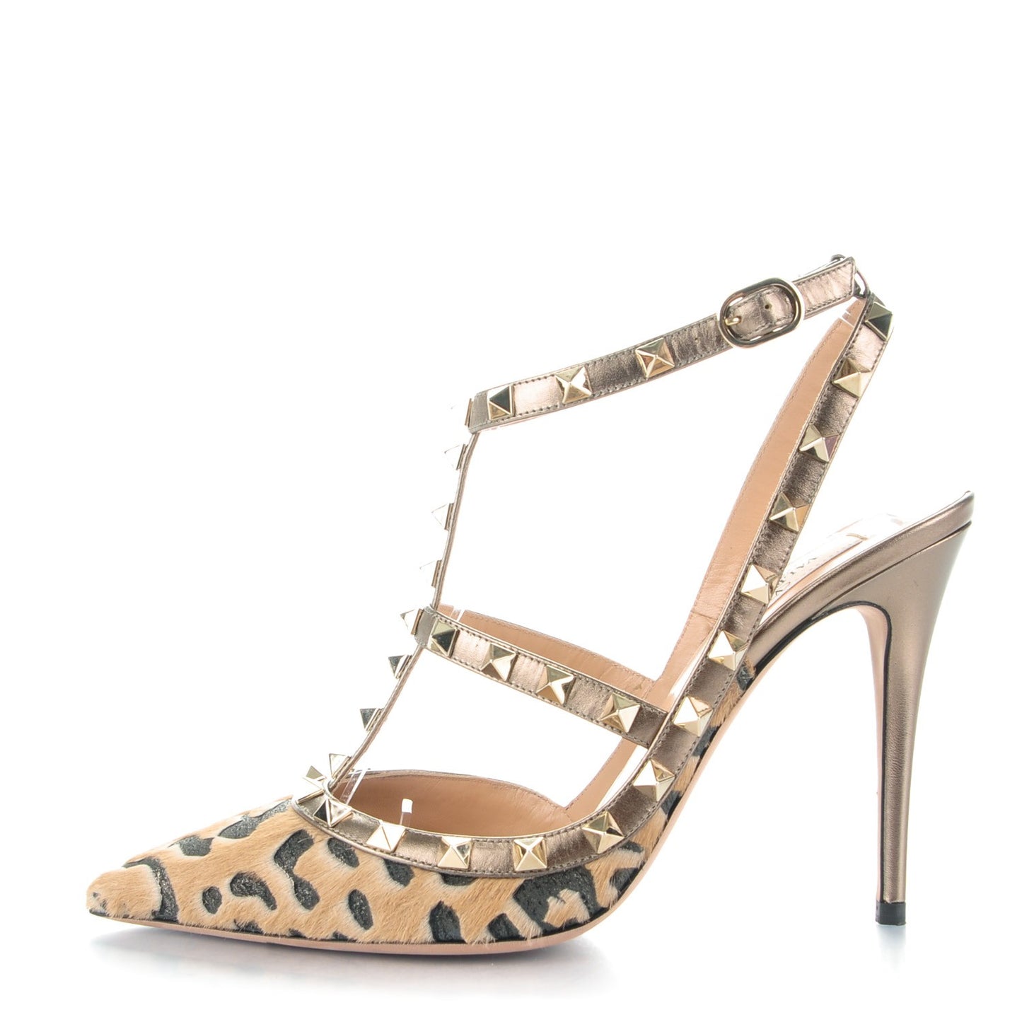Calf Hair Leopard Print Rockstud Ankle Strap 100mm Pumps 39 Fucile Al Campion