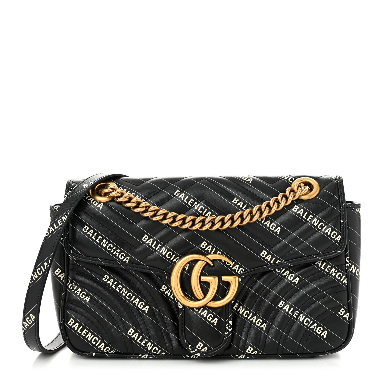 X BALENCIAGA Calfskin Matelasse Logo Print Small GG Marmont Shoulder Bag Black