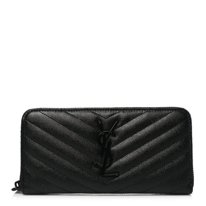 Saint Laurent Grain De Poudre Matelasse Chevron Monogram Monochrome Zip Around Wallet Black 1 of 8