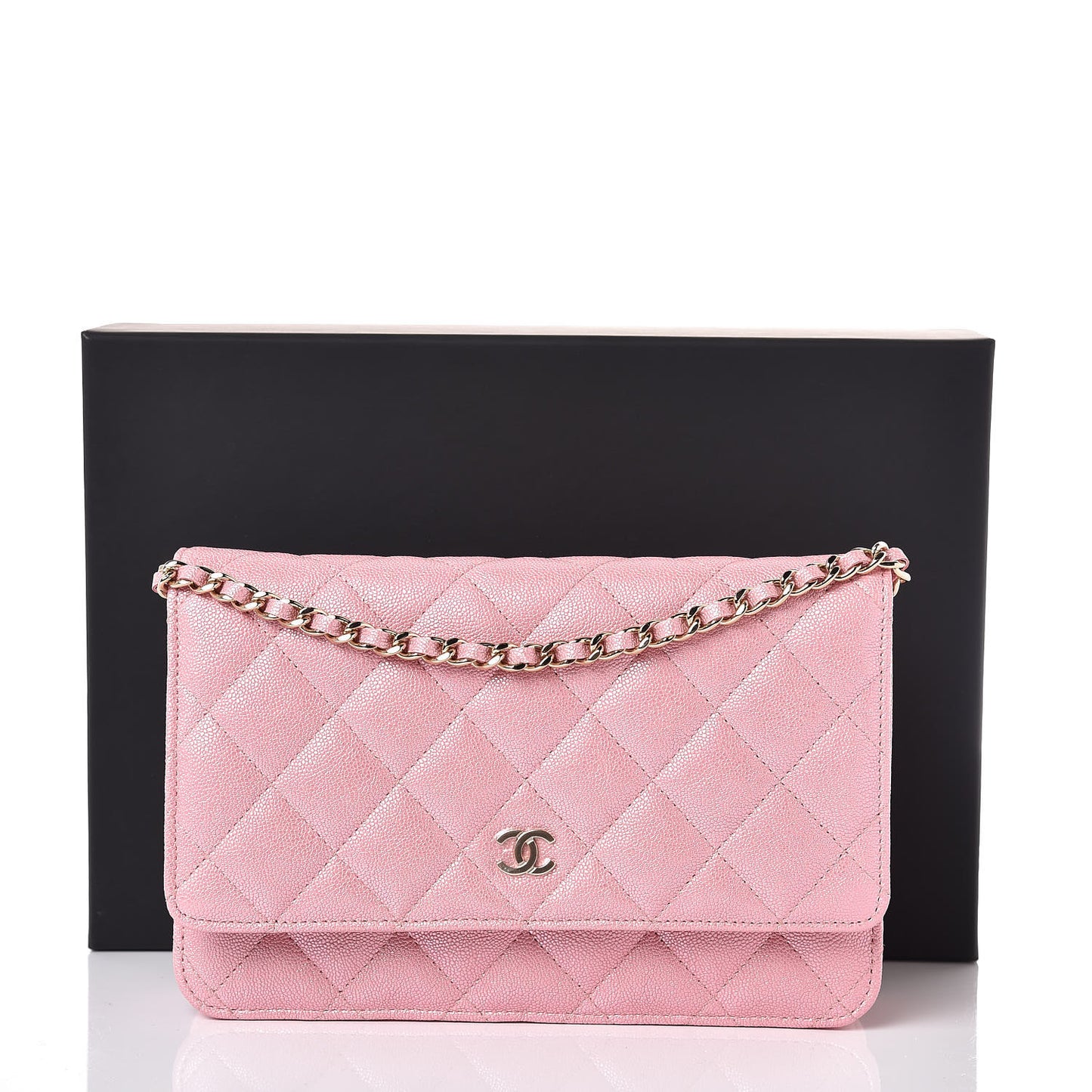 Iridescent Caviar Quilted Wallet on Chain WOC Rose Pink