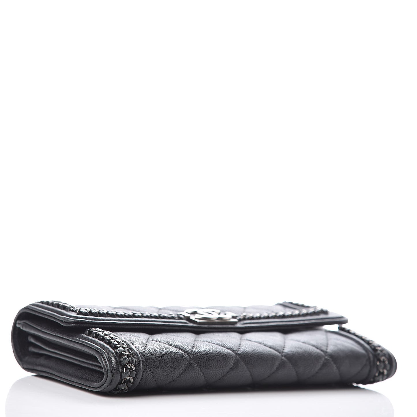 Calfskin Quilted Boy Chain Around Flap Wallet Black