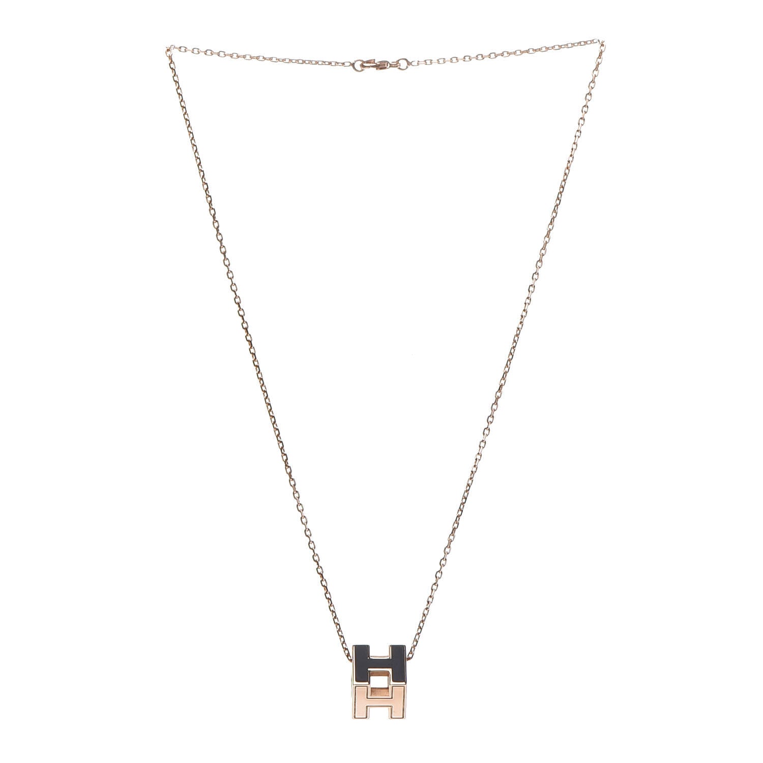 Hermes Rose Gold Lacquered Cage d'H Pendant Necklace Black 2 of 6