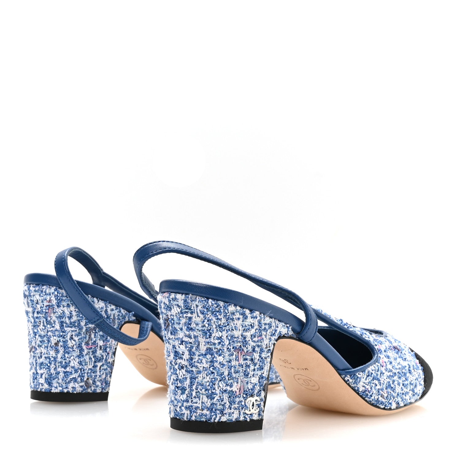 Chanel Tweed Grosgrain Cap Toe CC Slingback Pumps 36 Blue White Black 5 of 9