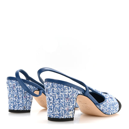Chanel Tweed Grosgrain Cap Toe CC Slingback Pumps 36 Blue White Black 5 of 9