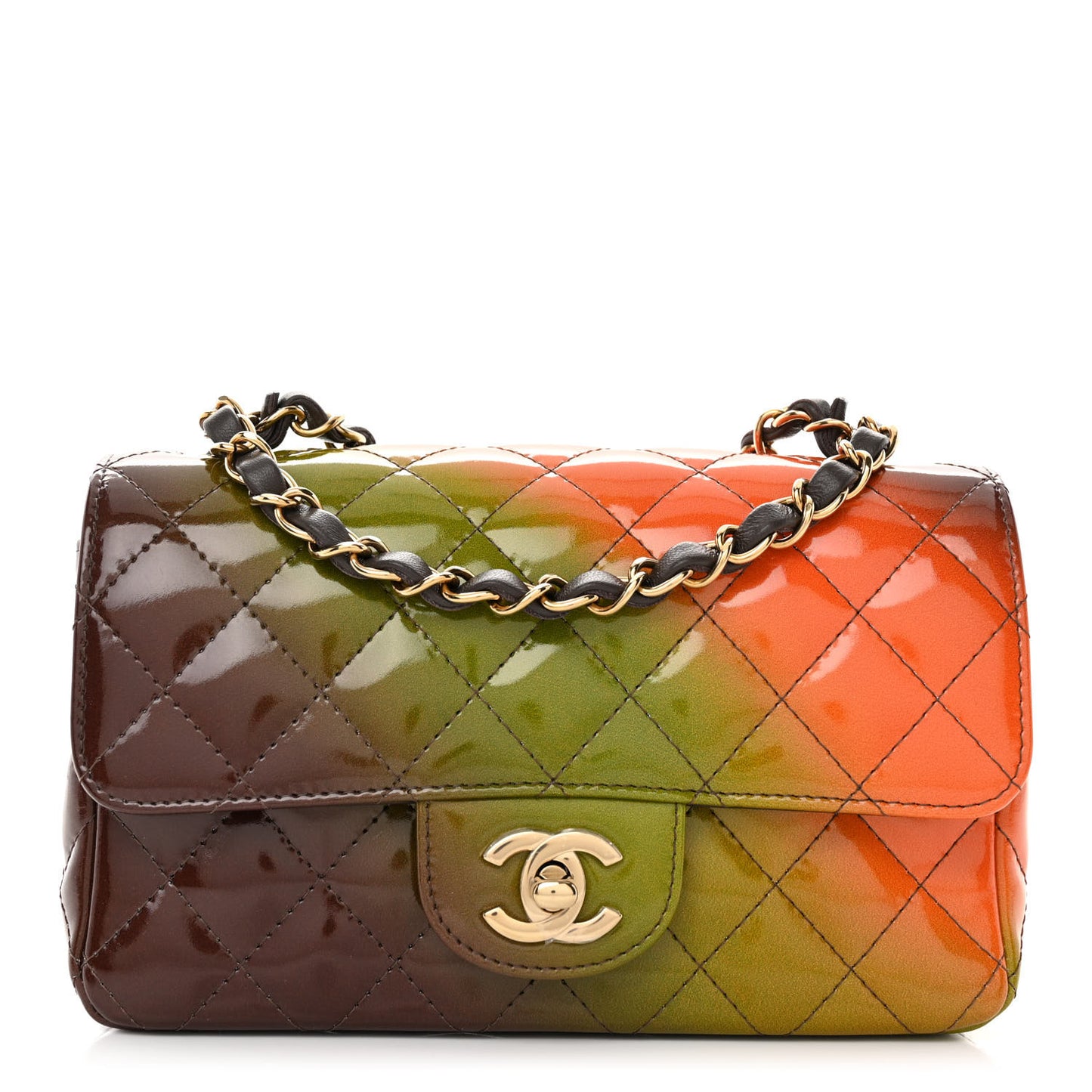 Shaded Patent Calfskin Quilted Mini Rectangular Flap Green Orange Dark Brown