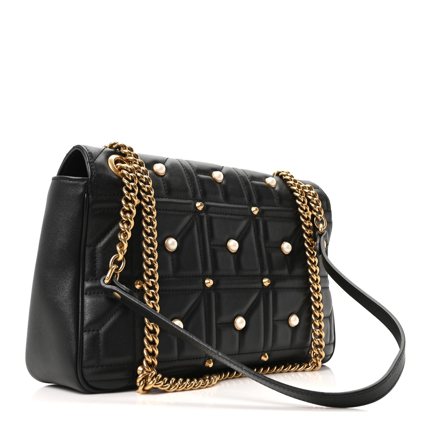 Calfskin Matelasse Studded Medium Pearly GG Marmont Shoulder Bag Black