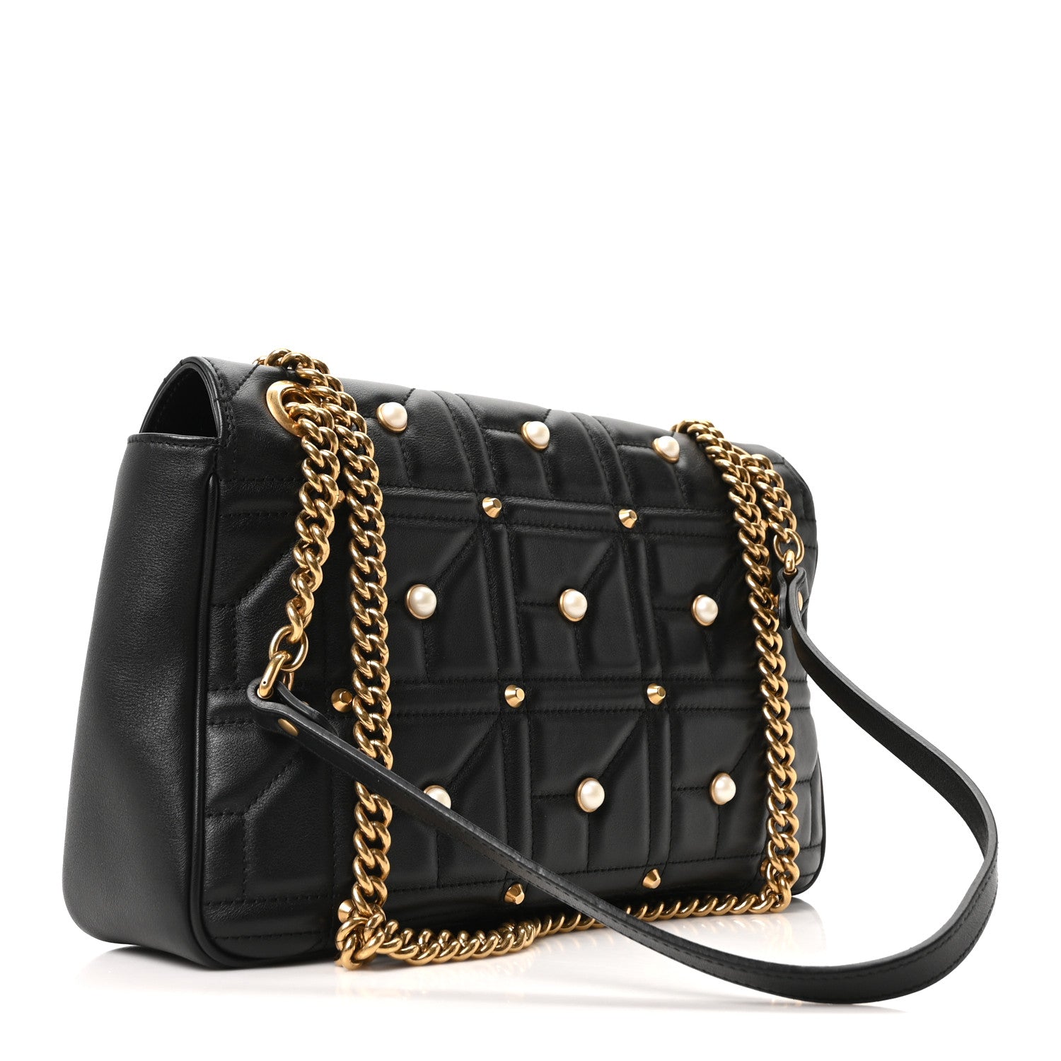 Gucci Calfskin Matelasse Studded Medium Pearly GG Marmont Shoulder Bag Black 3 of 10