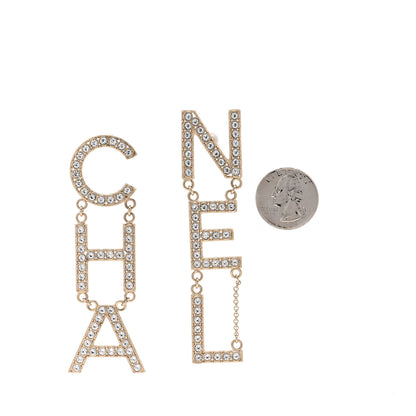 Chanel Crystal Cha-Nel Logo Drop Earrings Gold 2 of 4