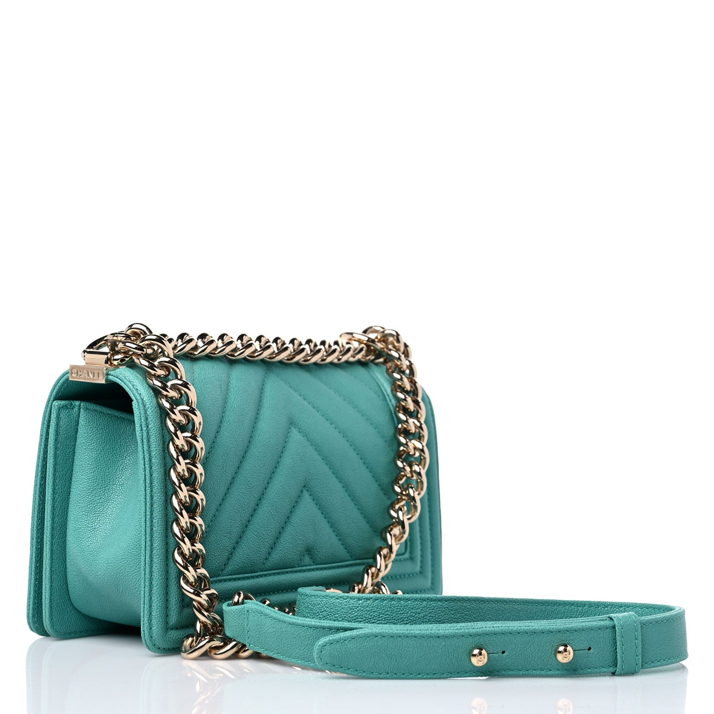Caviar Chevron Quilted Small Boy Flap Green