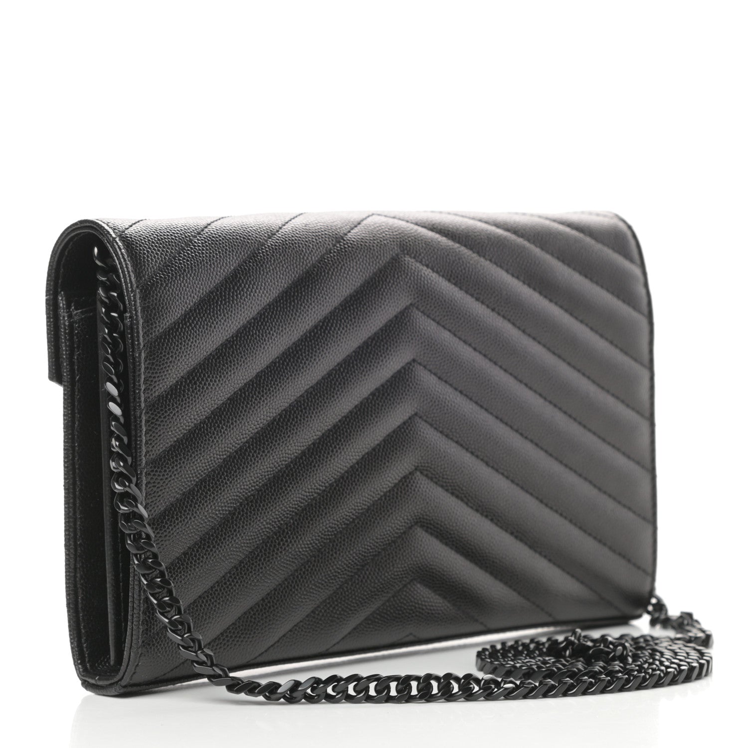 Saint Laurent Grain De Poudre Matelasse Chevron Monogram Chain Wallet Black 3 of 11