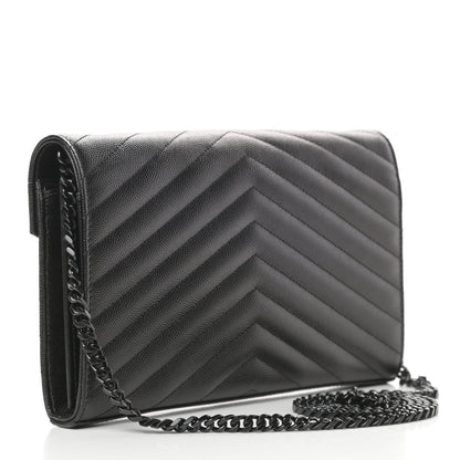 Saint Laurent Grain De Poudre Matelasse Chevron Monogram Chain Wallet Black 3 of 11