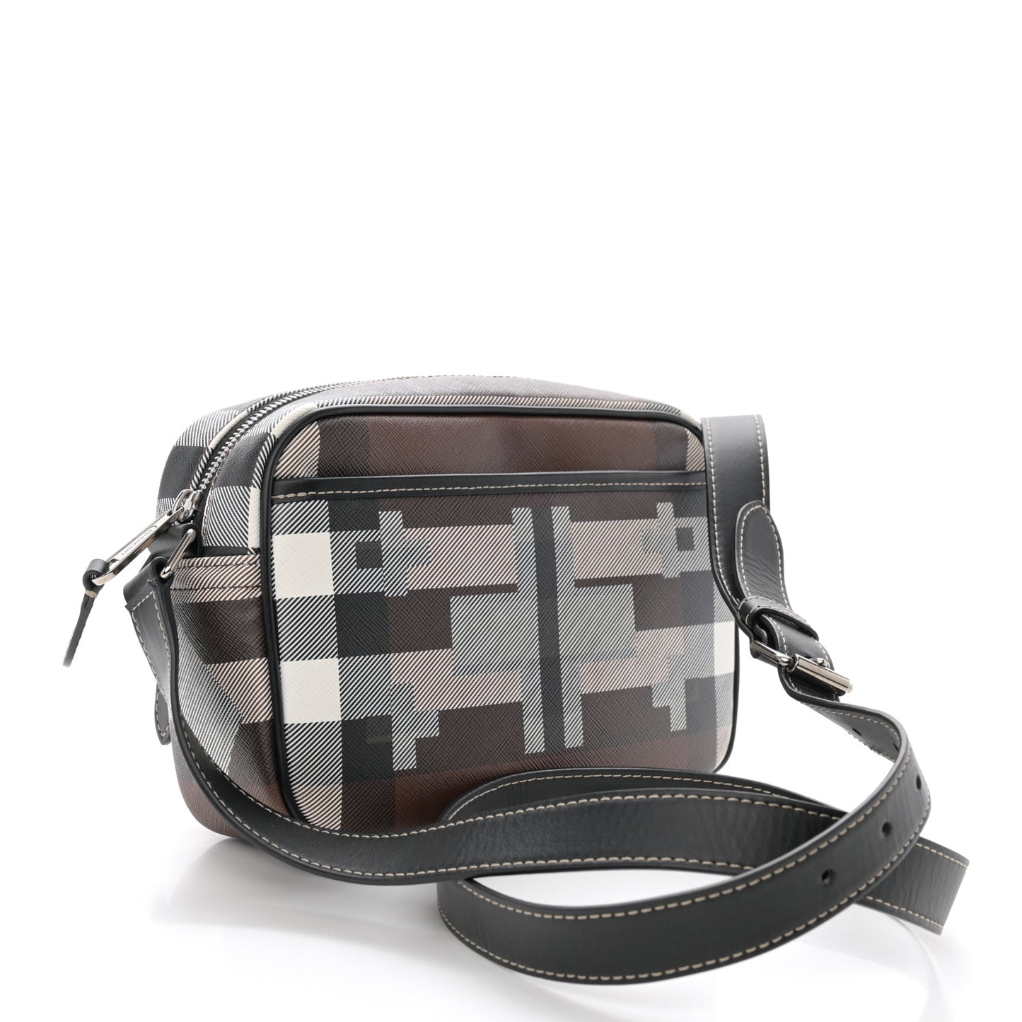 E-Canvas Calfskin Geometric Check Paddy Messenger Dark Birch Brown White