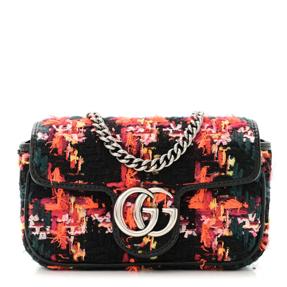 Gucci Tweed Calfskin Check Poule Super Mini GG Marmont Shoulder Bag Pink Petroleum Multicolor Black 1 of 11