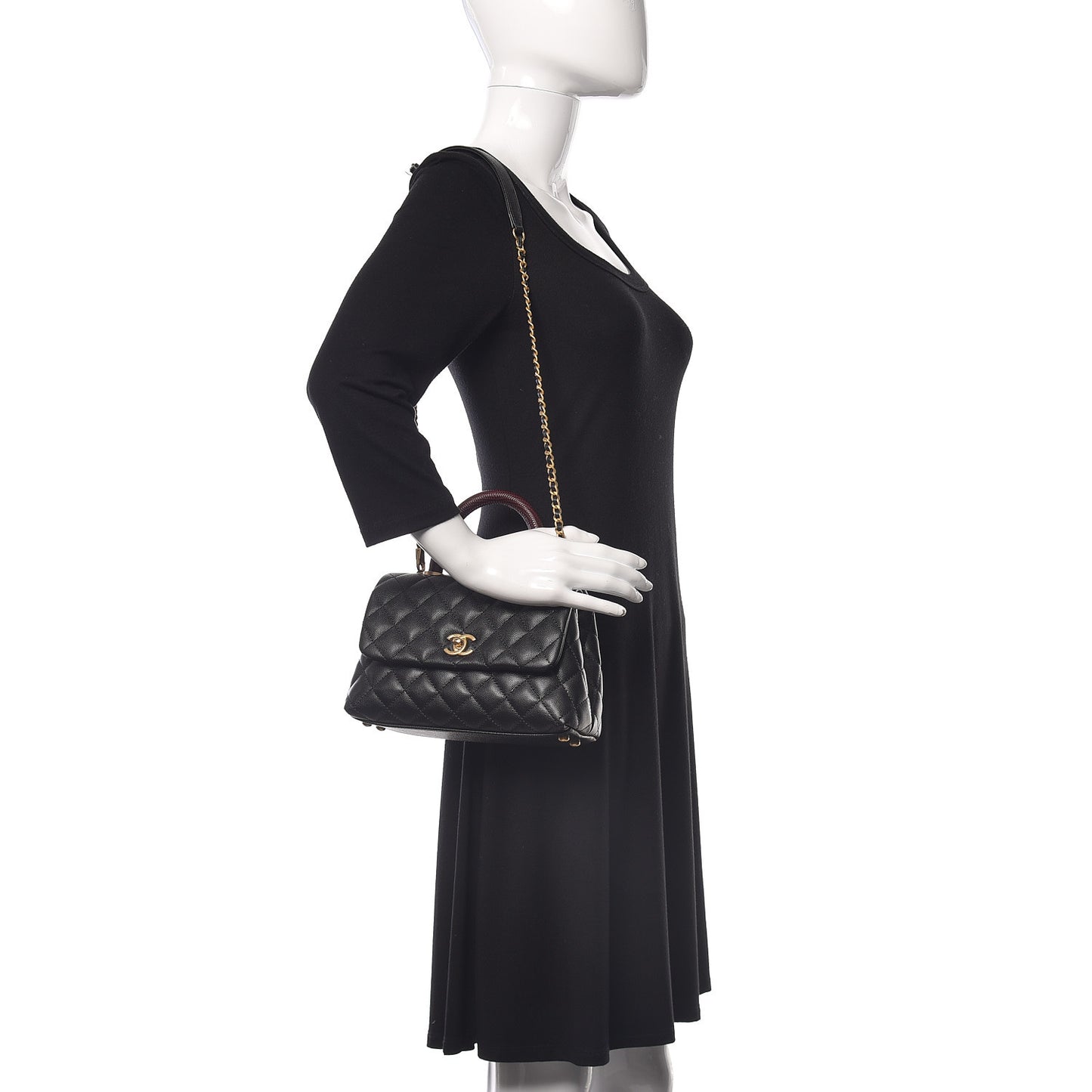 Caviar Lizard Embossed Quilted Mini Coco Handle Flap Black
