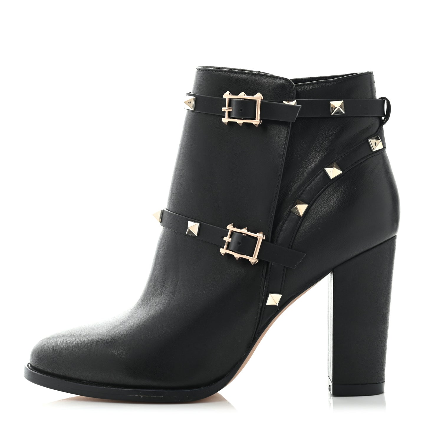 Calfskin Rockstud Double Buckle Block Heel Ankle Boots 37 Black