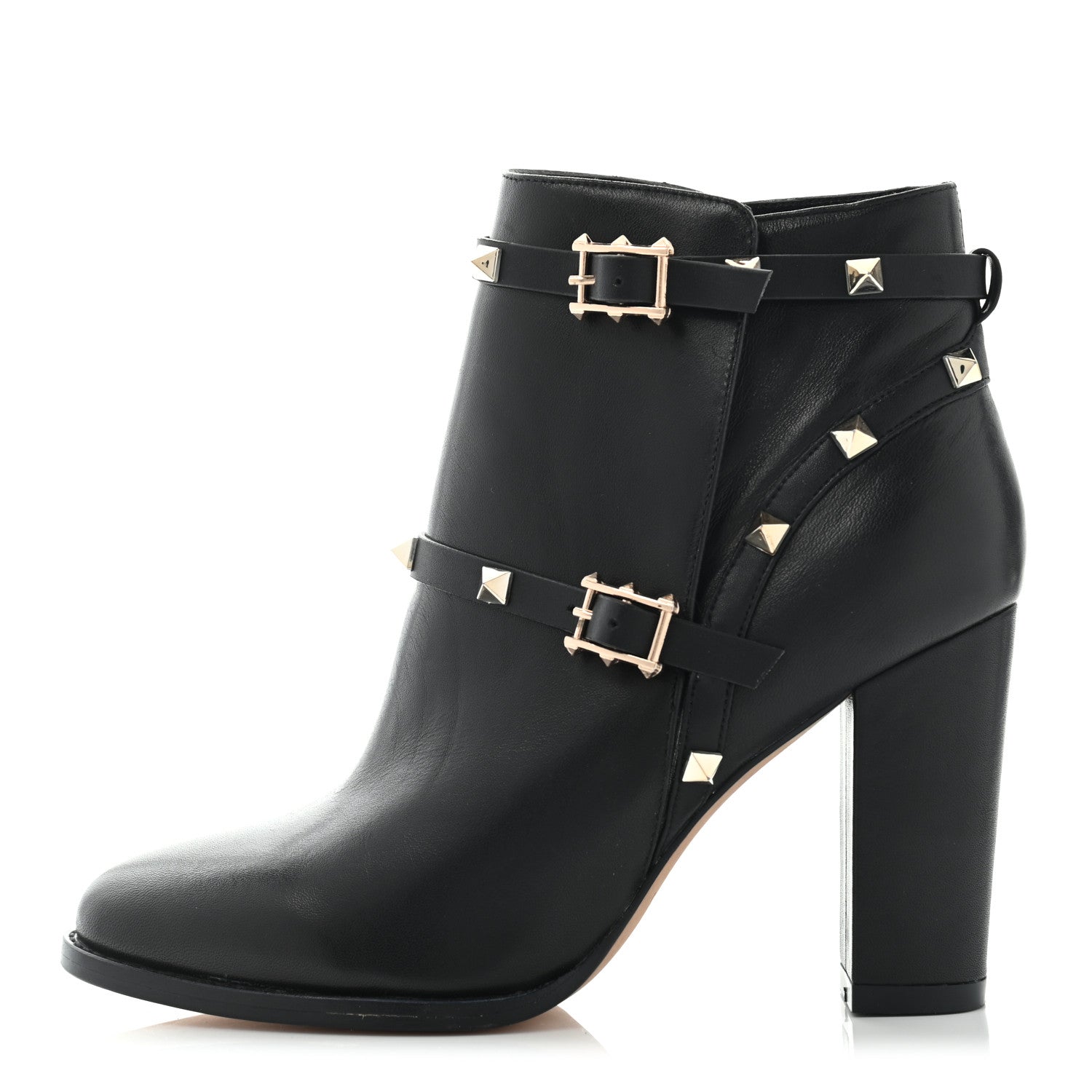 Valentino Garavani Calfskin Rockstud Double Buckle Block Heel Ankle Boots 37 Black 1 of 13