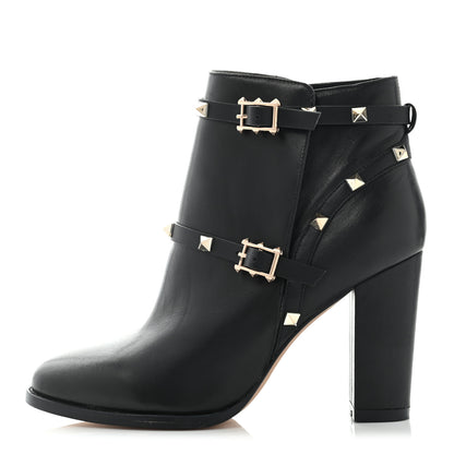 Valentino Garavani Calfskin Rockstud Double Buckle Block Heel Ankle Boots 37 Black 1 of 13
