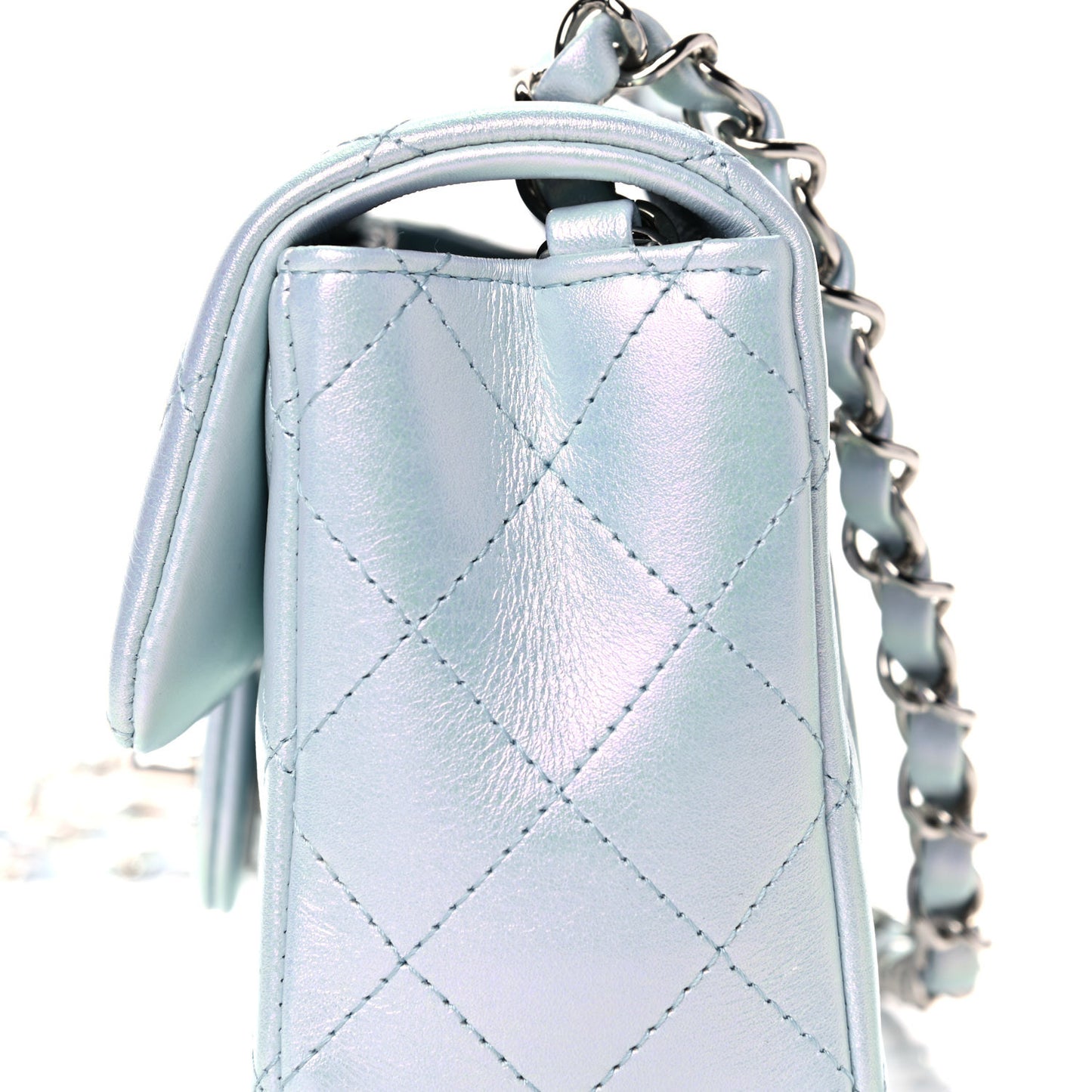 Iridescent Calfskin Quilted Mini Rectangular Flap Light Blue