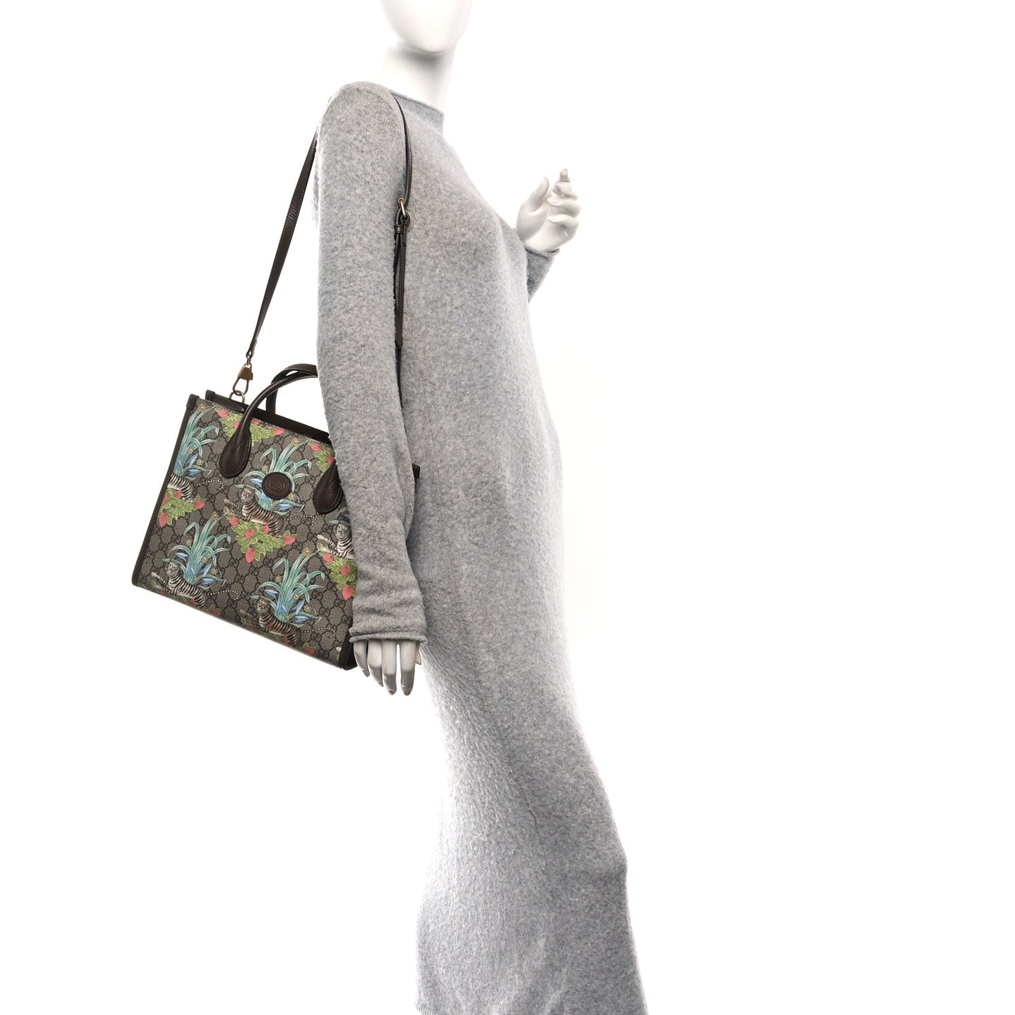 GG Supreme Monogram Tiger Savanah Textured Dollar Calfskin Small Retro Interlocking G Tote Bag Beige Ebony Multicolor New Acero