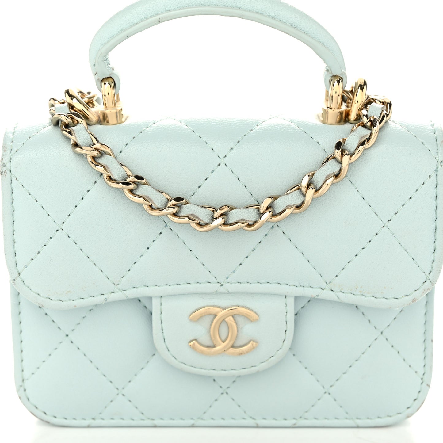 Lambskin Quilted Top Handle Flap Coin Purse With Chain Light Blue