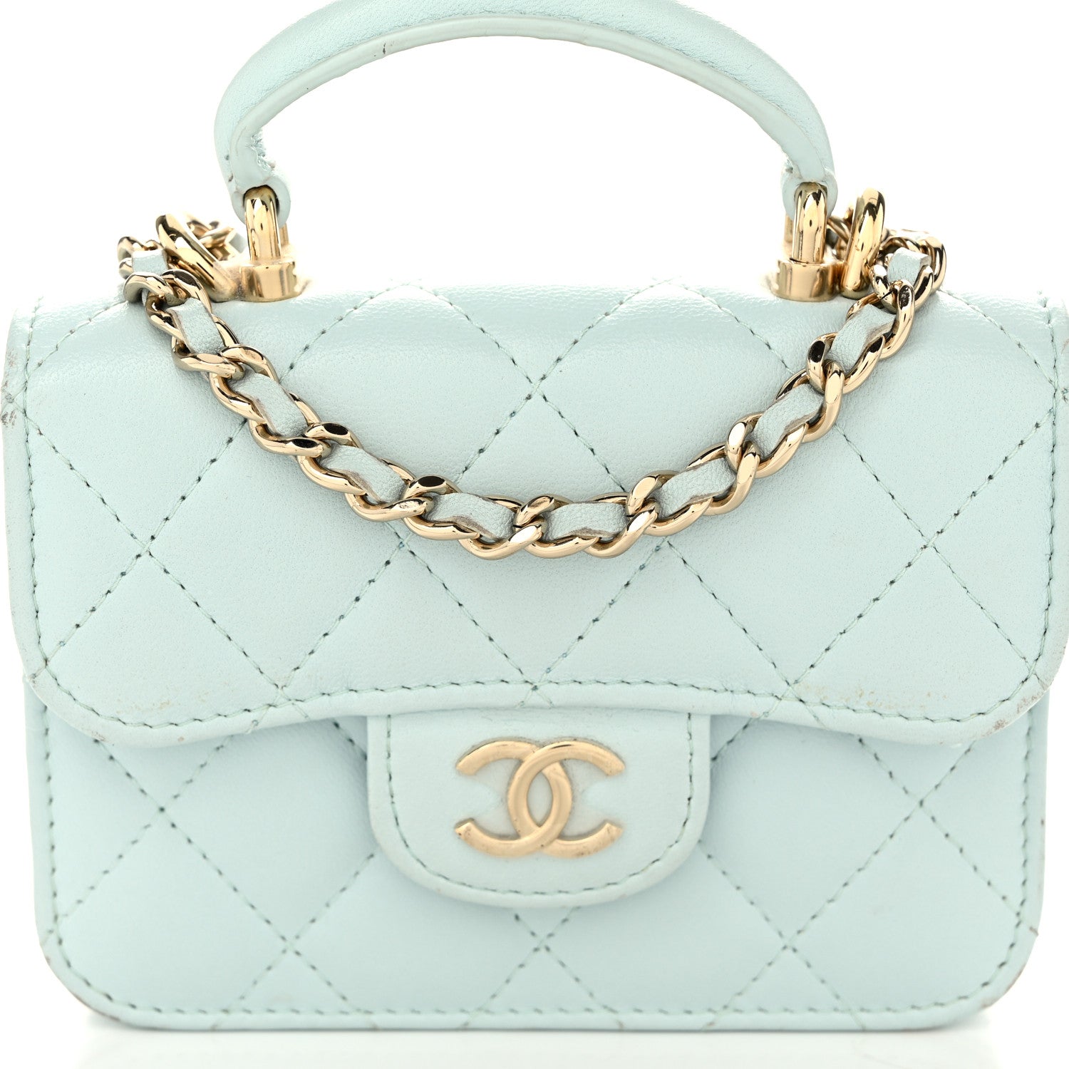 Chanel Lambskin Quilted Top Handle Flap Coin Purse With Chain Light Blue 9 of 15