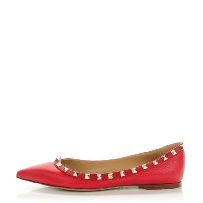 Valentino Garavani Pebbled Calfskin Rockstud Ballerina Flats 38.5 Red 1 of 9